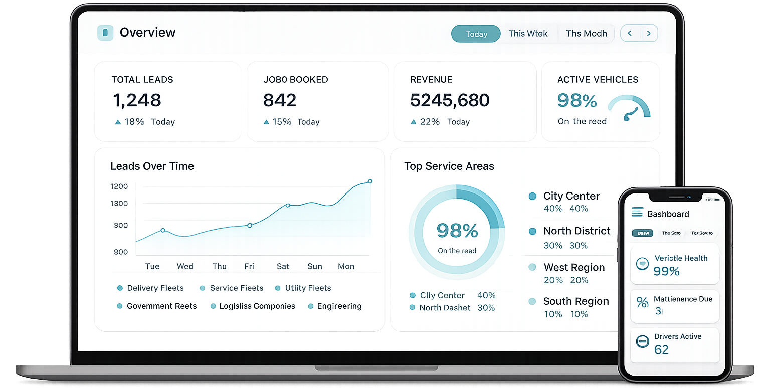 Analytics dashboard on laptop and phone with charts, metrics, and a 98% progress gauge