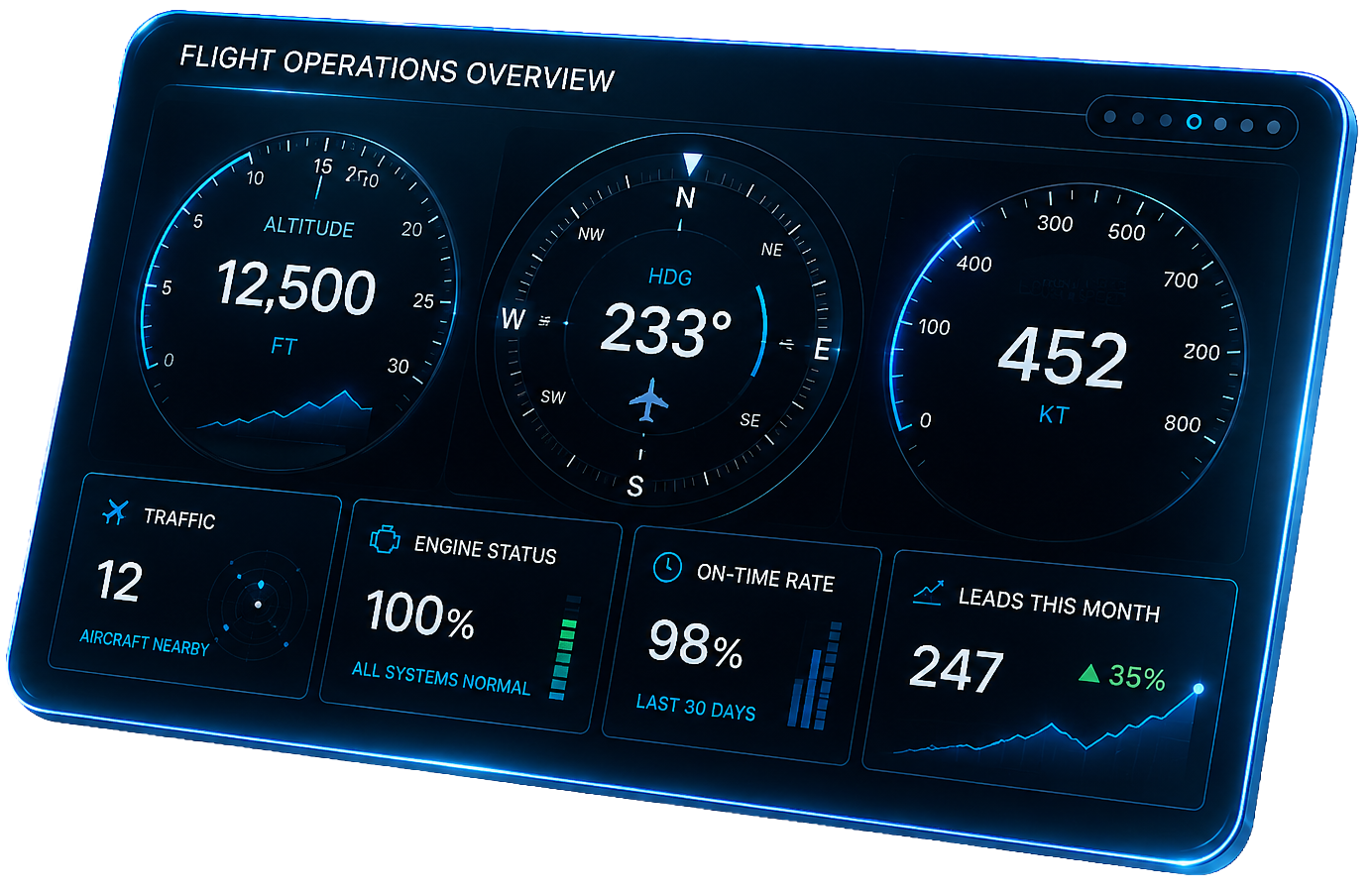 Dark blue flight operations dashboard with glowing gauges showing altitude, heading, speed, and status metrics.