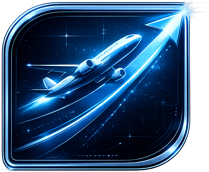 Blue glossy icon of a jet flying upward with a glowing trail on a starry background