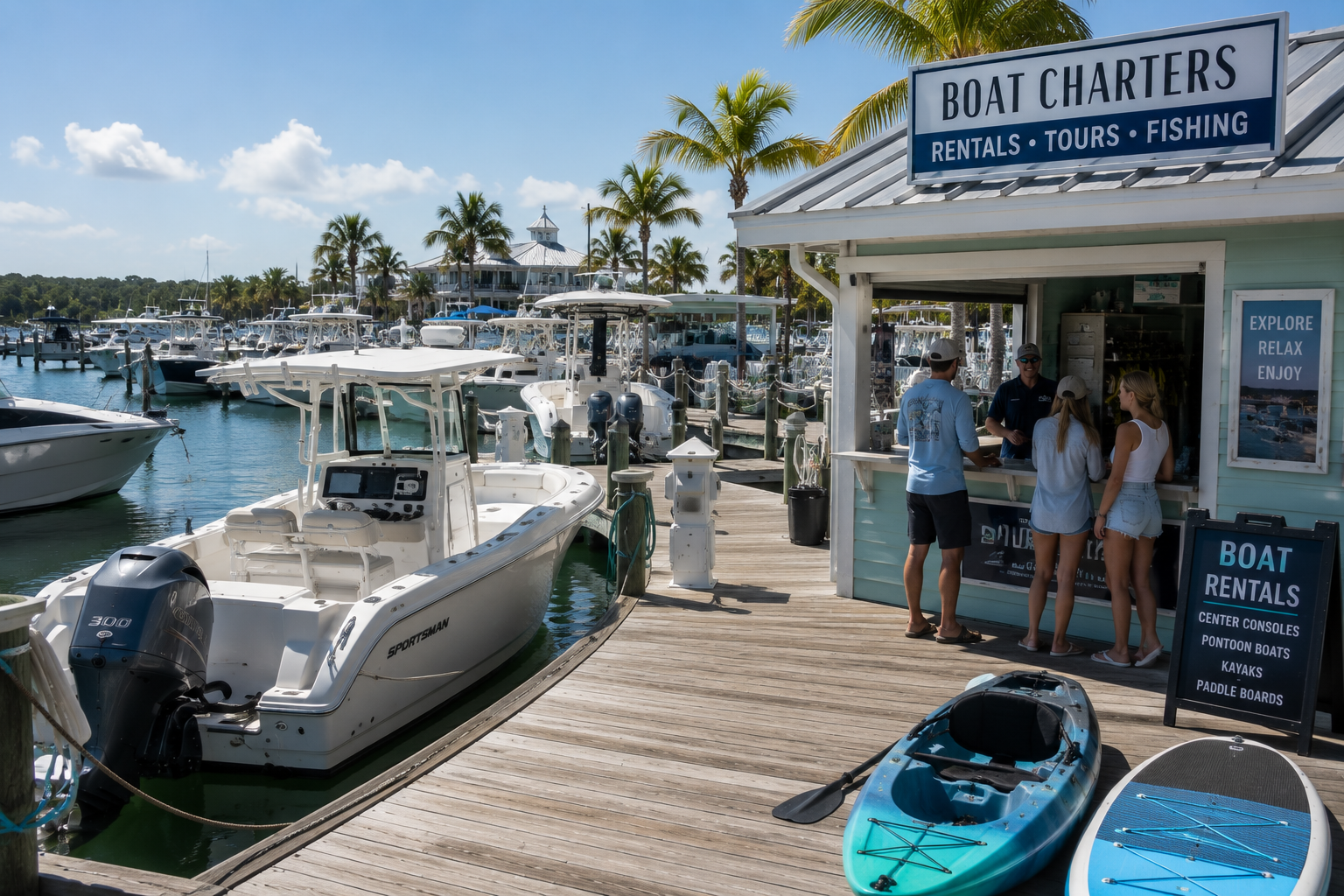 Boat charters kiosk on a sunny marina dock with boats, kayaks, and people waiting.
