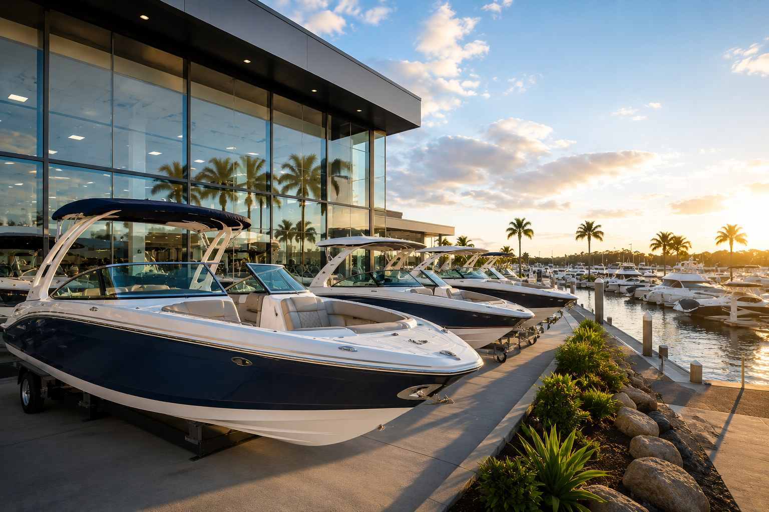 Luxury yachts docked beside a modern waterfront resort at sunset