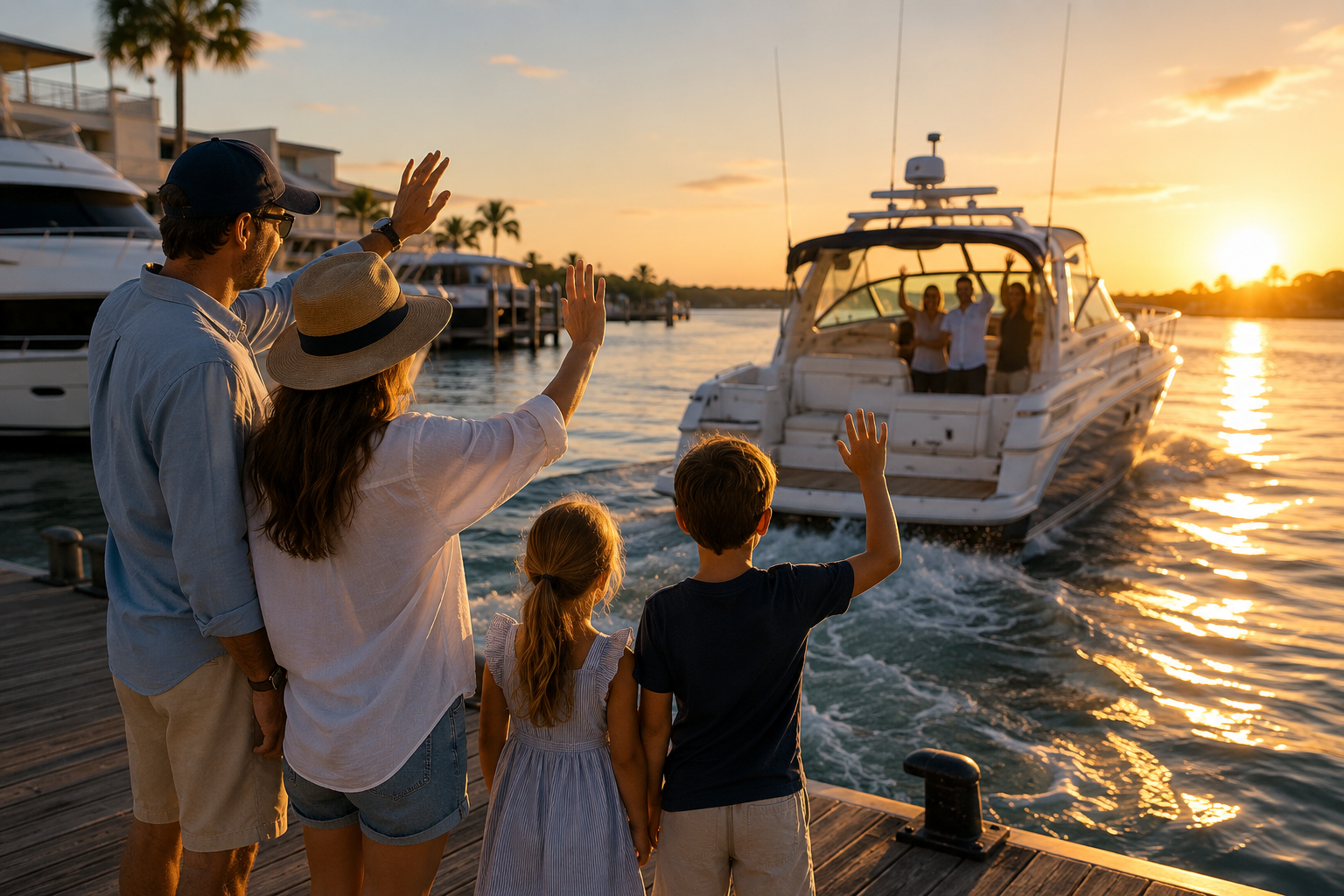 People waving at a boat during sunset by a waterfront dock