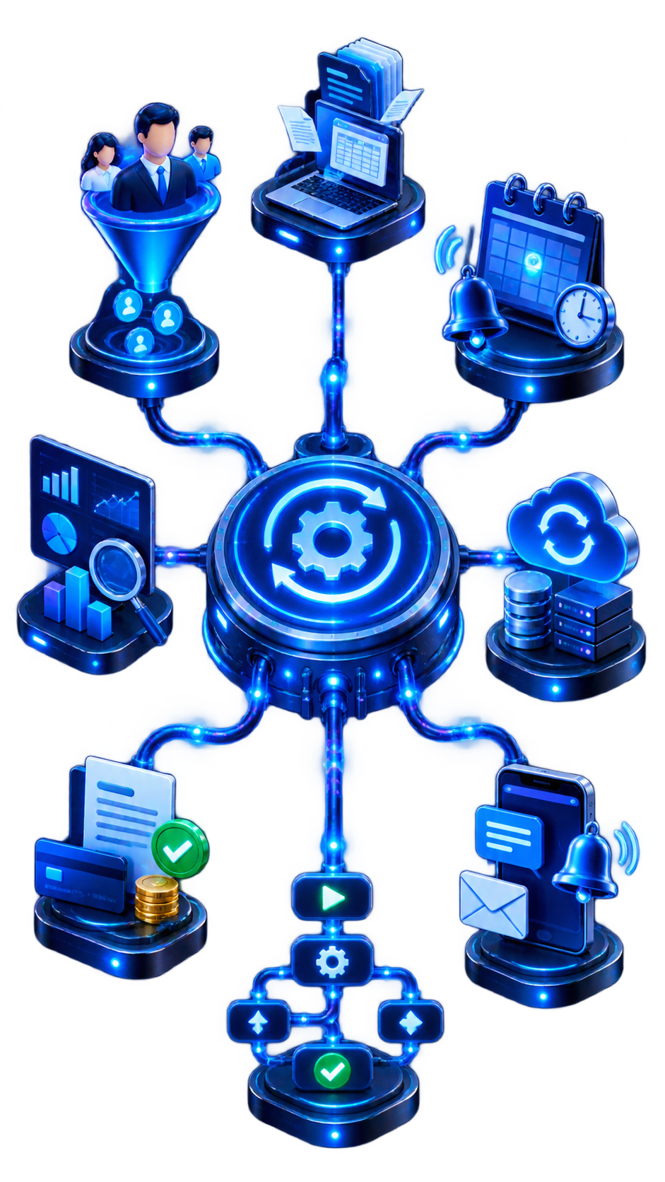 Blue network diagram with connected tech icons and a central gear hub, symbolizing digital workflow