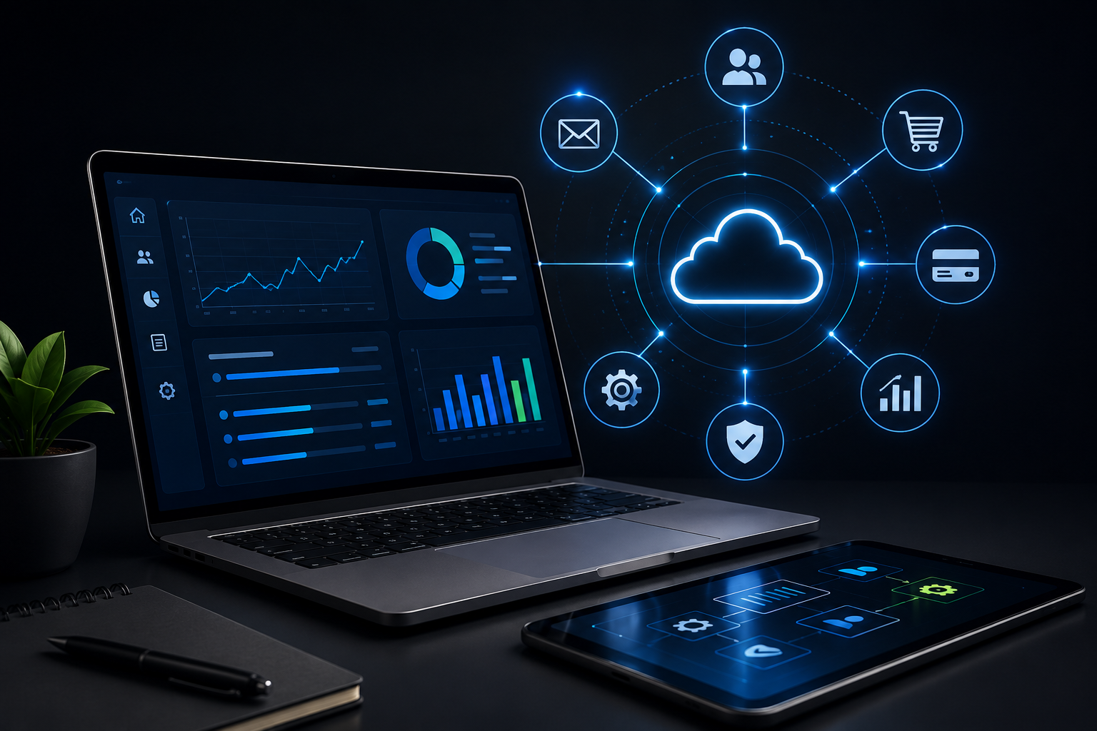 Laptop and tablet showing cloud analytics dashboard with glowing cloud icons on a dark desk