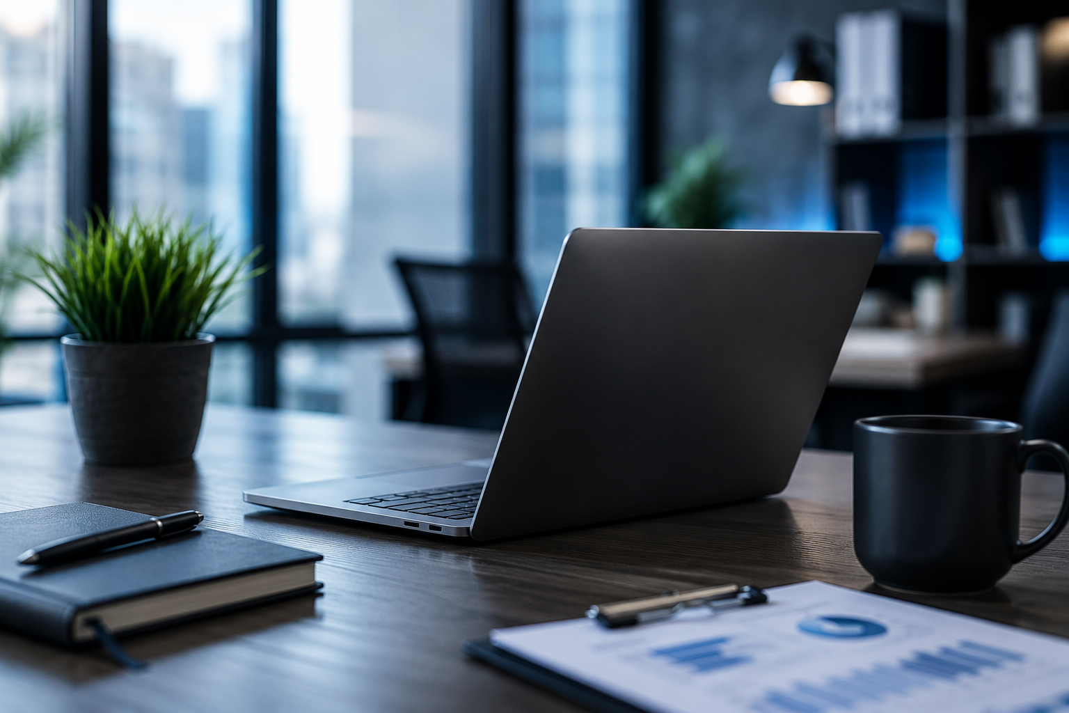 Modern office desk with open laptop, notebook, coffee mug, and potted plant by a window