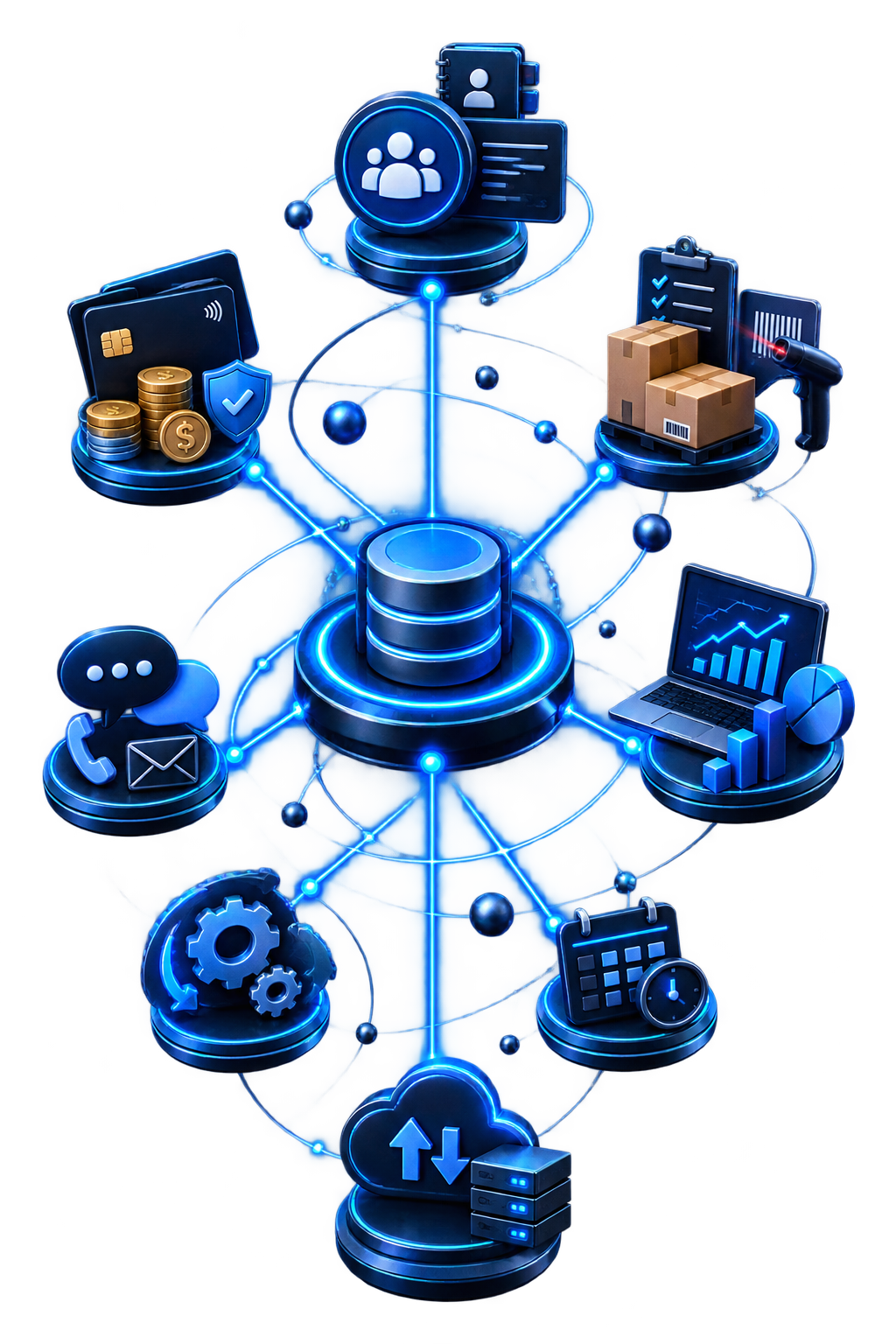 Blue data network diagram with central database connected to icons for analytics, security, cloud, and settings