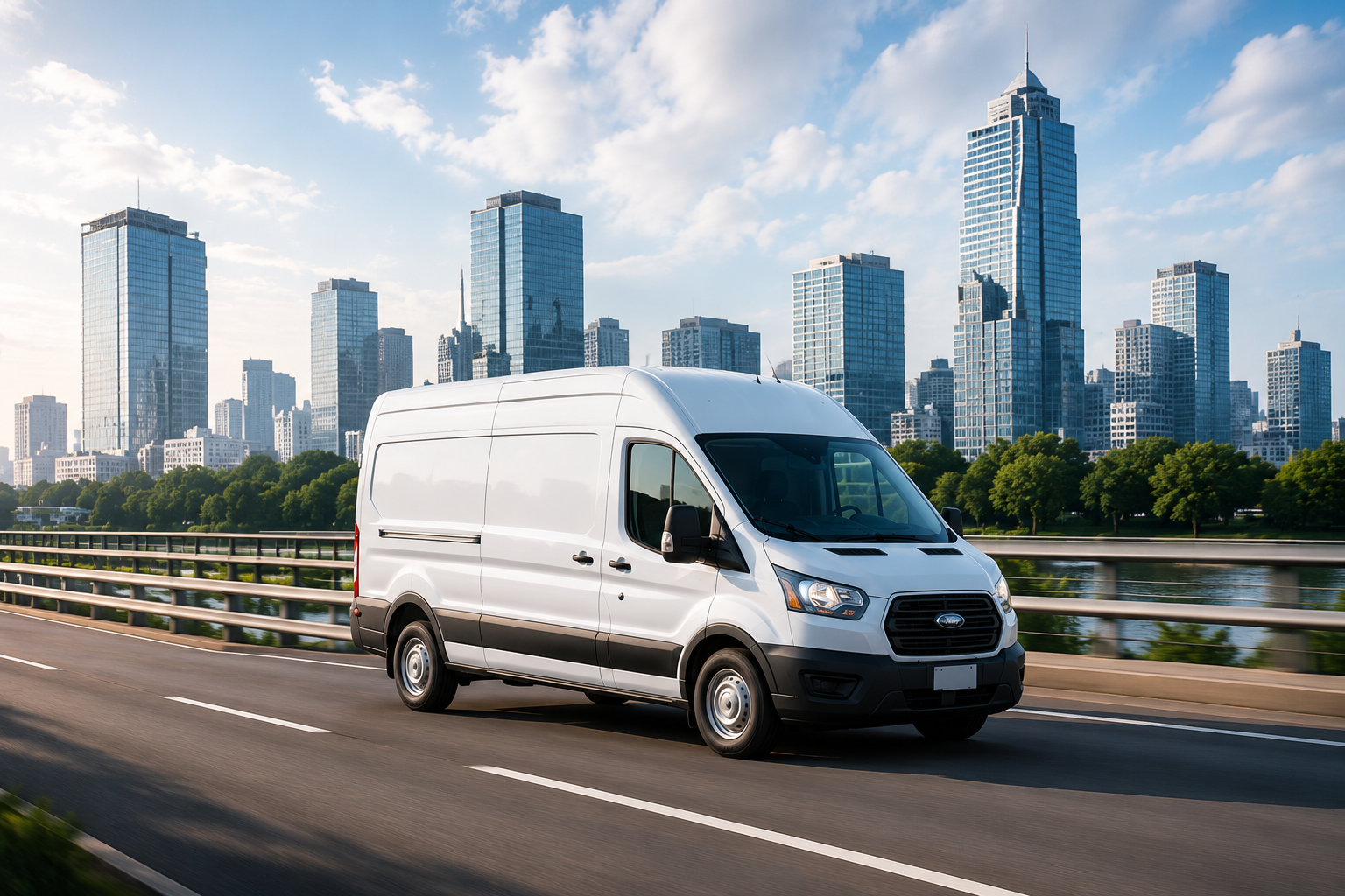 White cargo van driving on a highway with city skyscrapers in the background