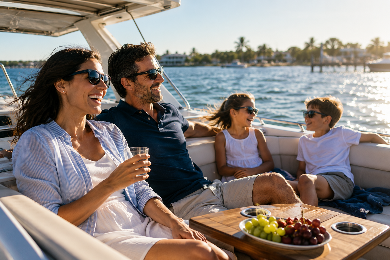 Four people relaxing on a boat deck, chatting and drinking with fruit on a tray, on a sunny waterfront.