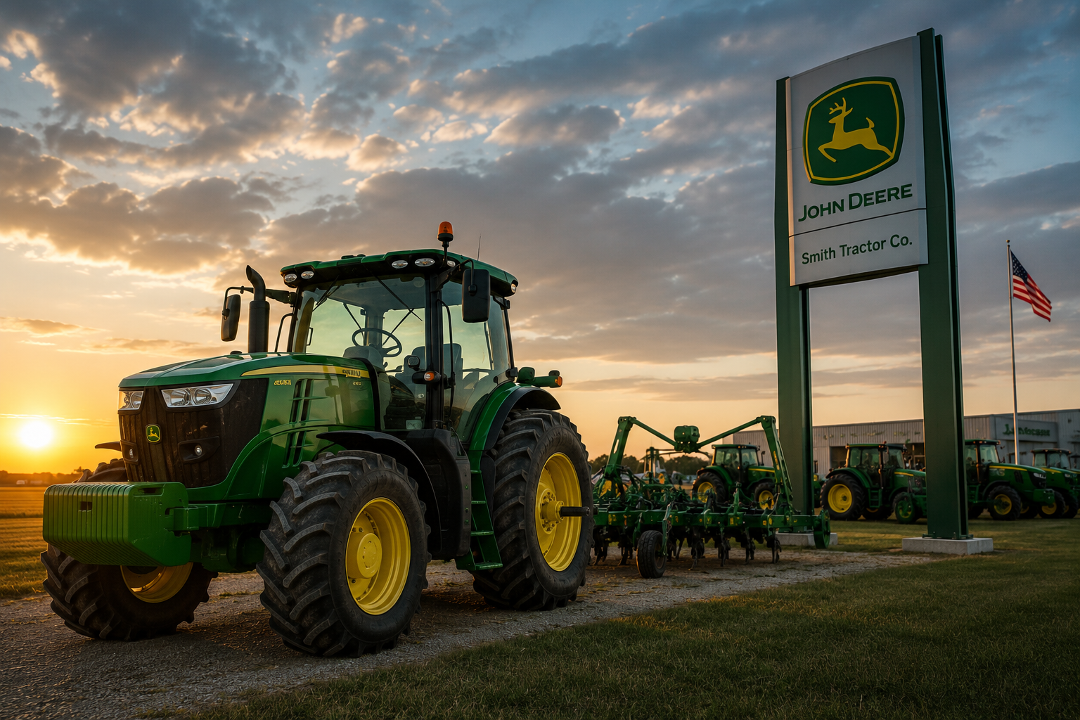 Green John Deere tractor beside dealership sign at sunset, with a U.S. flag in the background