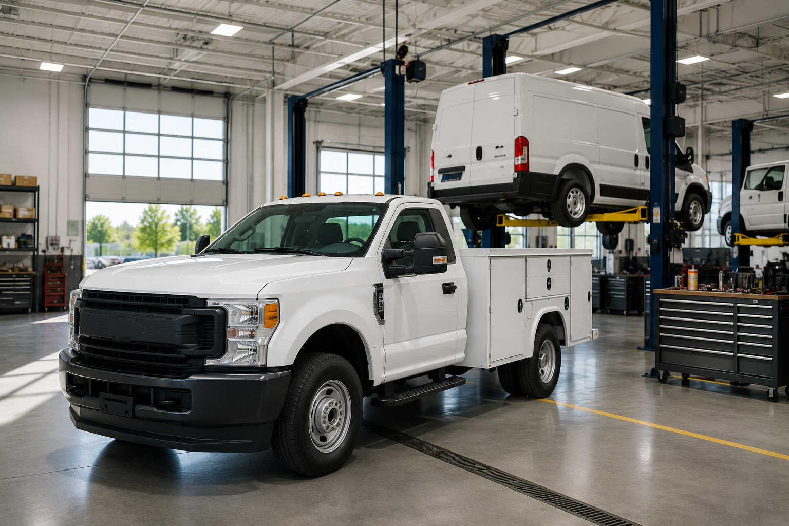 White service truck in an auto repair shop, with another white van lifted on a vehicle hoist.