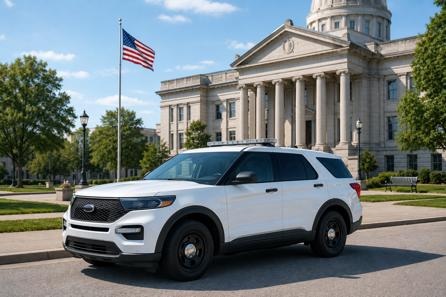 White SUV parked before a capitol building with a U.S. flag flying nearby
