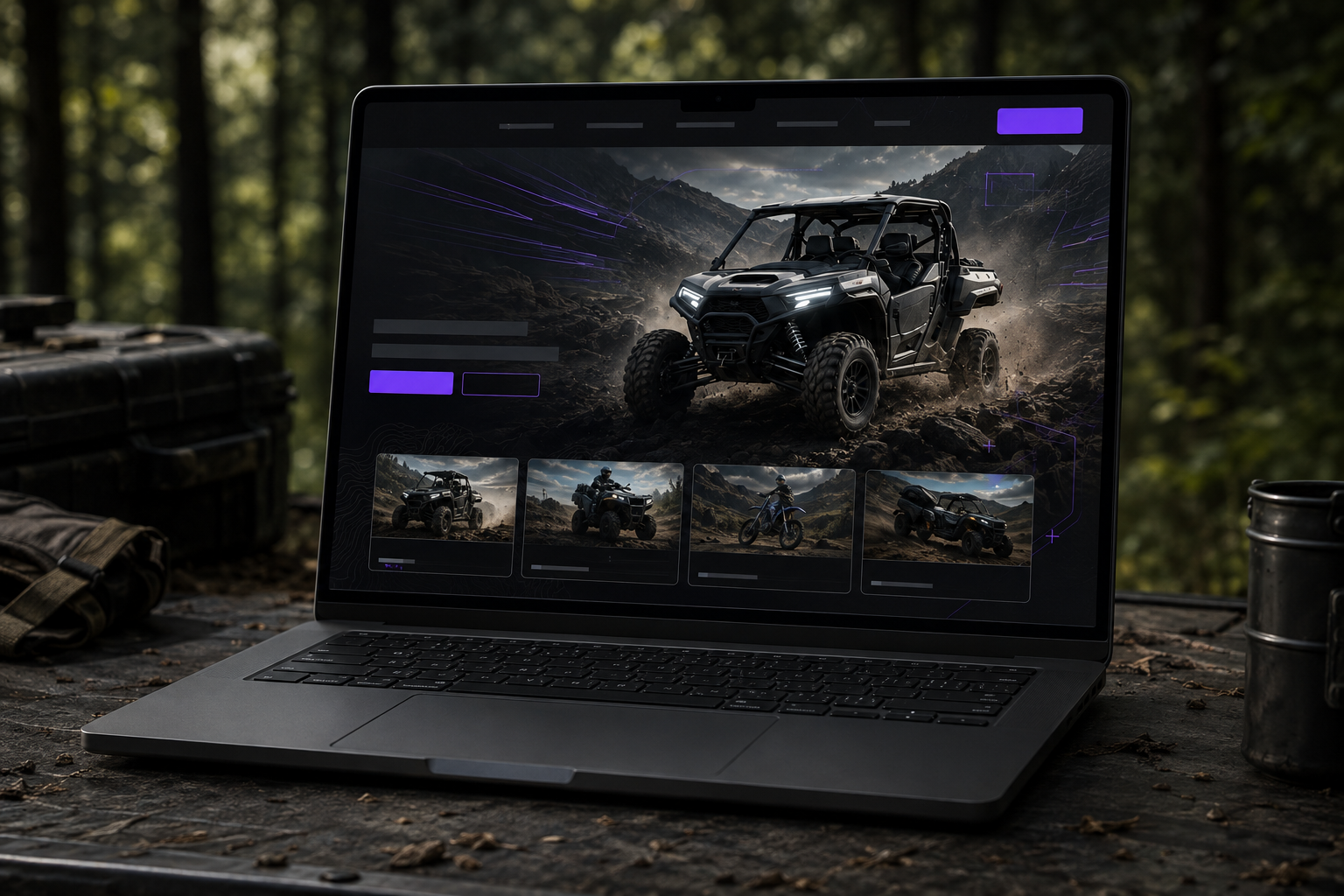 Gaming laptop on a dark desk displaying an off-road truck scene in a rugged outdoor setting