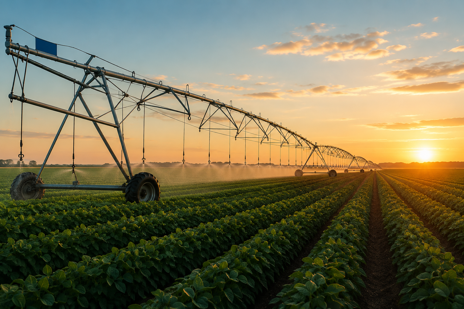 Irrigation system watering rows of crops at sunrise on a farm