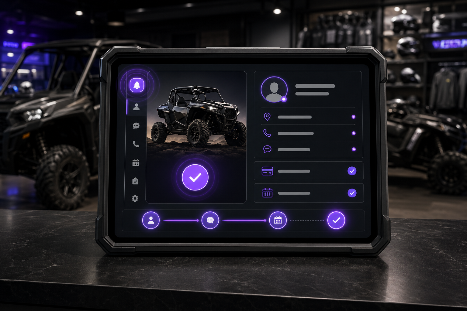 Black tablet displays a purple vehicle-control interface in a garage, with an off-road truck preview and menu icons