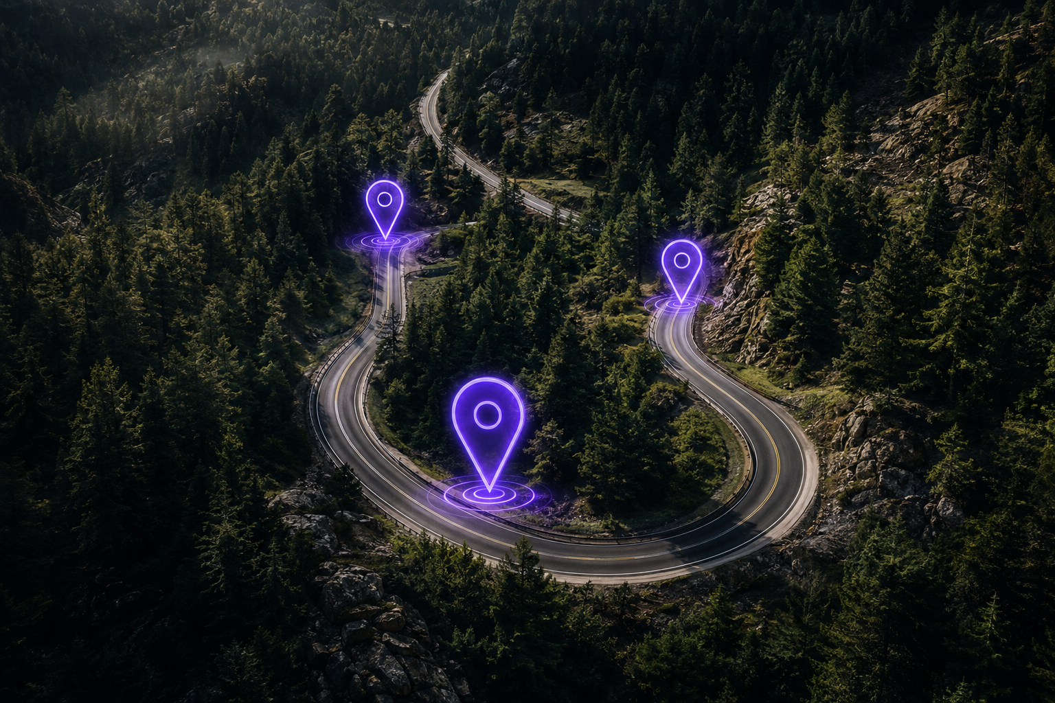 Winding mountain road through dense forest with glowing purple map pins marked along the route