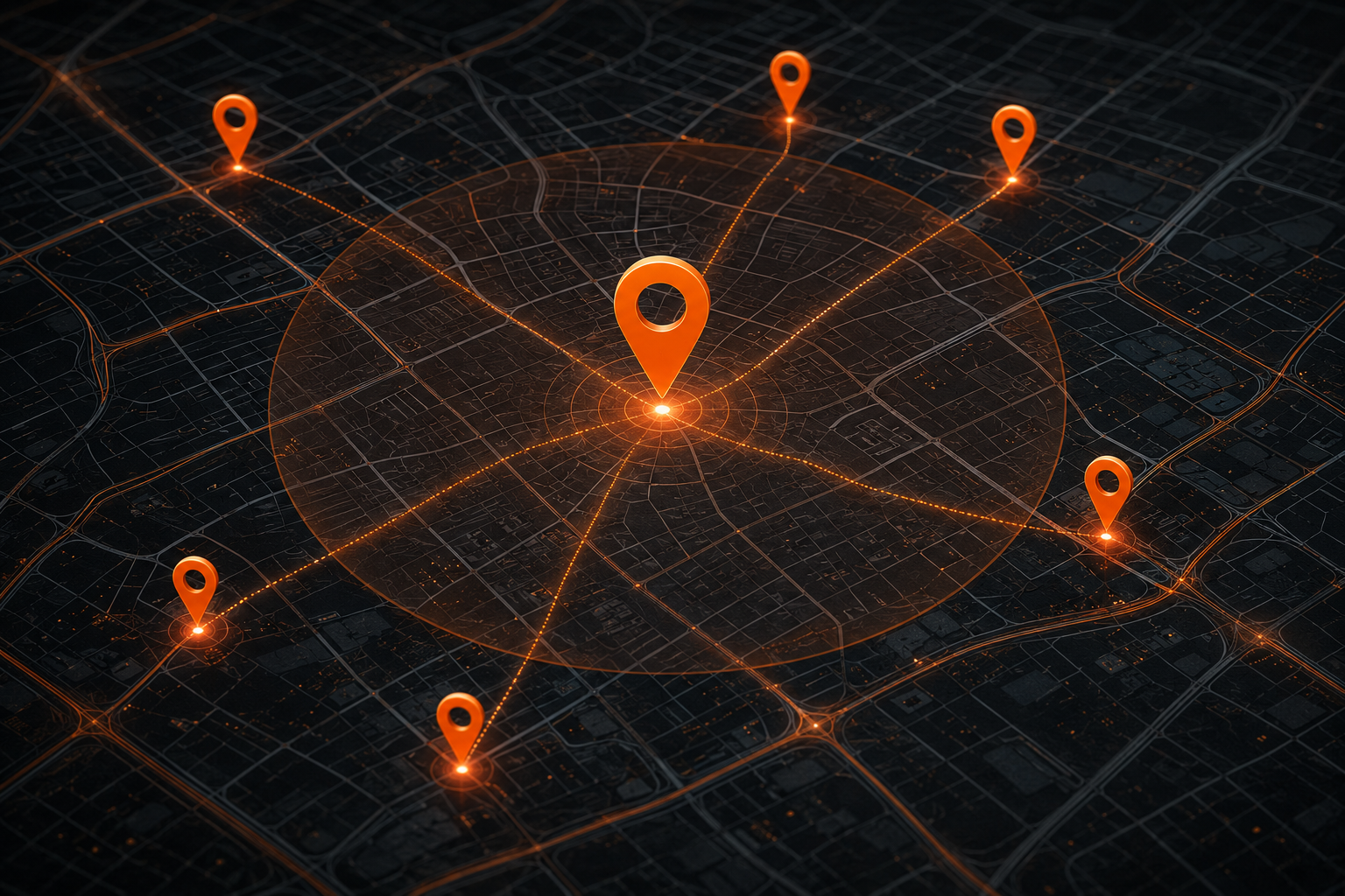 Glowing orange map pins linked by network lines on a dark grid background