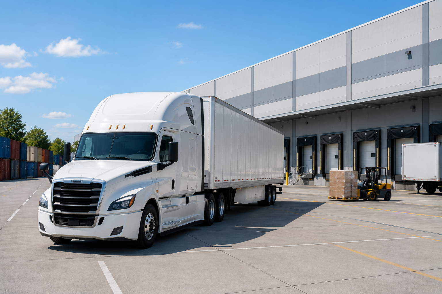 White semi-truck parked at a warehouse loading dock with pallets and trailers nearby
