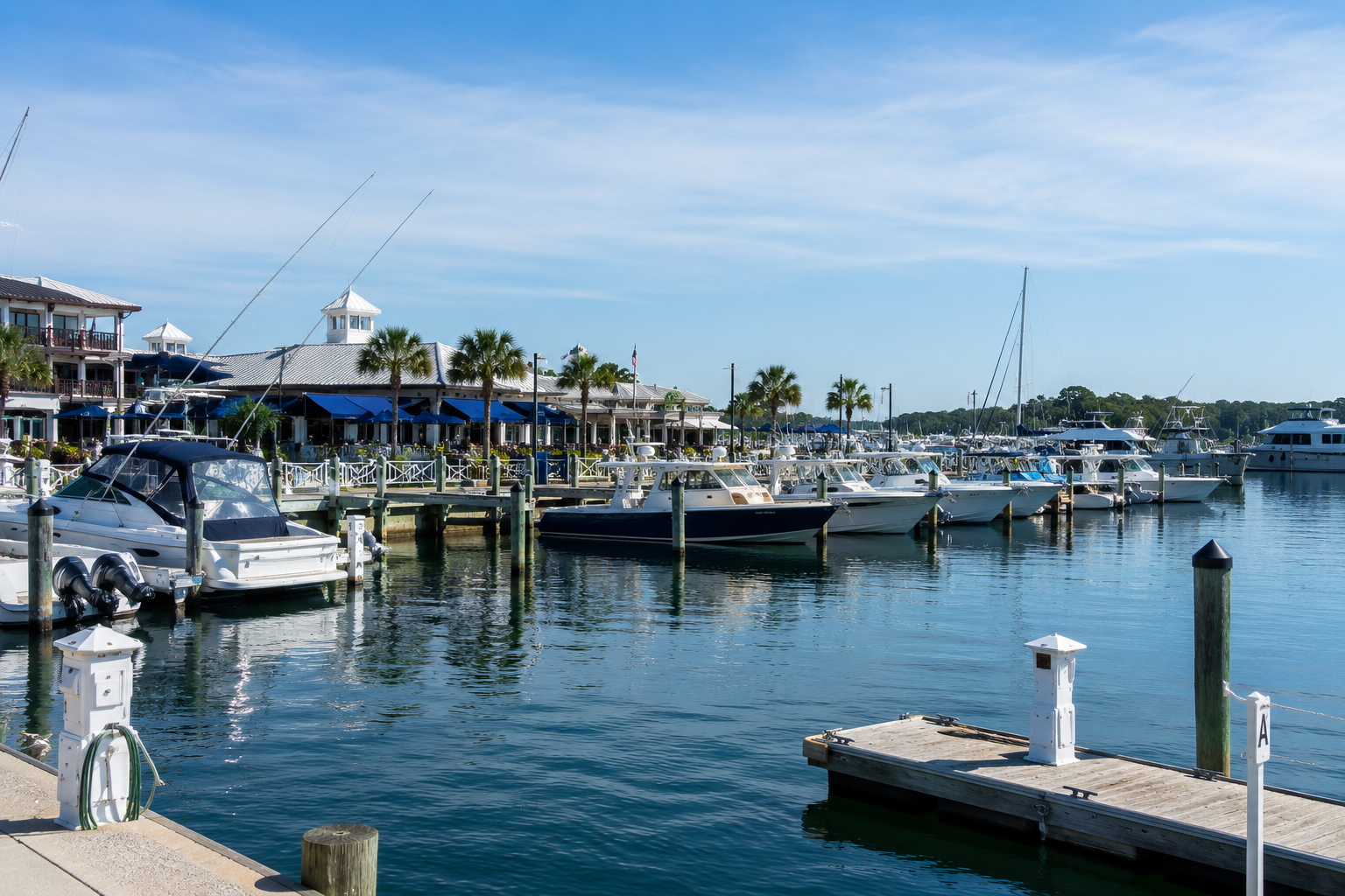 Marina with docked boats on calm blue water under a clear sky