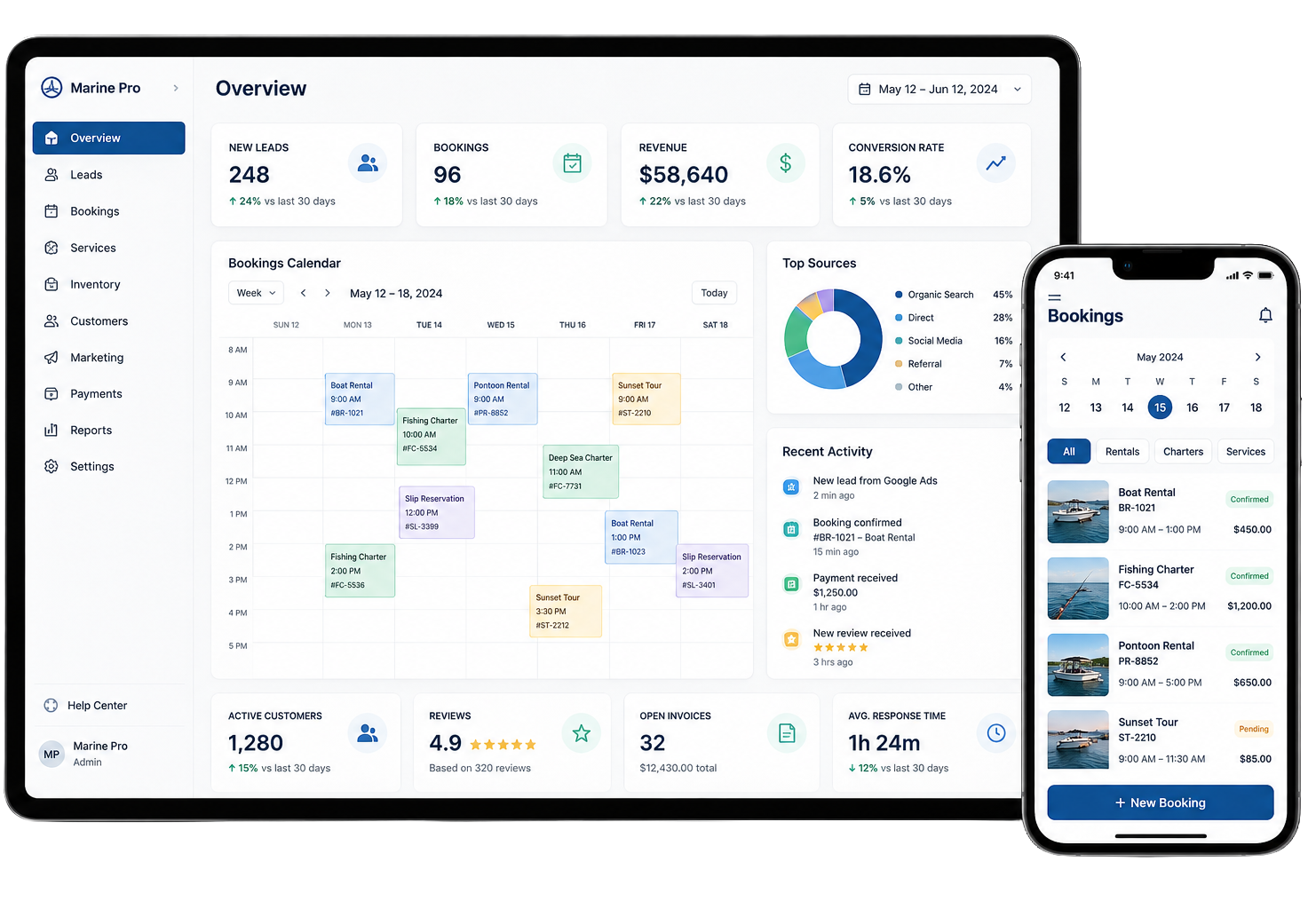 Tablet and phone showing a calendar dashboard with charts, tasks, and schedule cards.