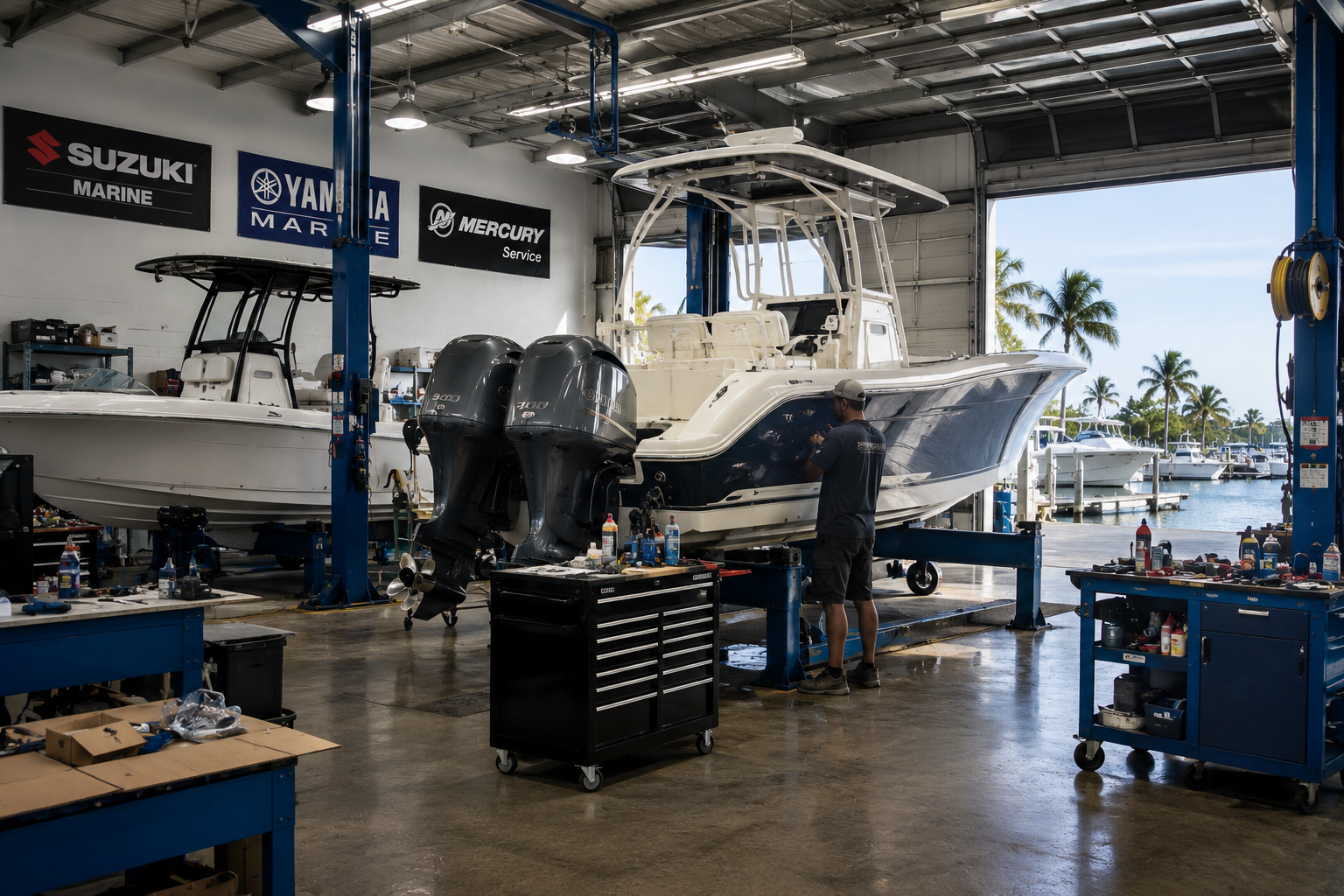 Boat service garage with two white yachts, technicians working, and tools in a bright repair bay