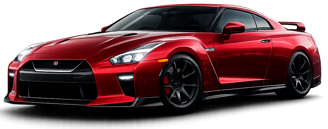 Red sports coupe with black accents on a white background