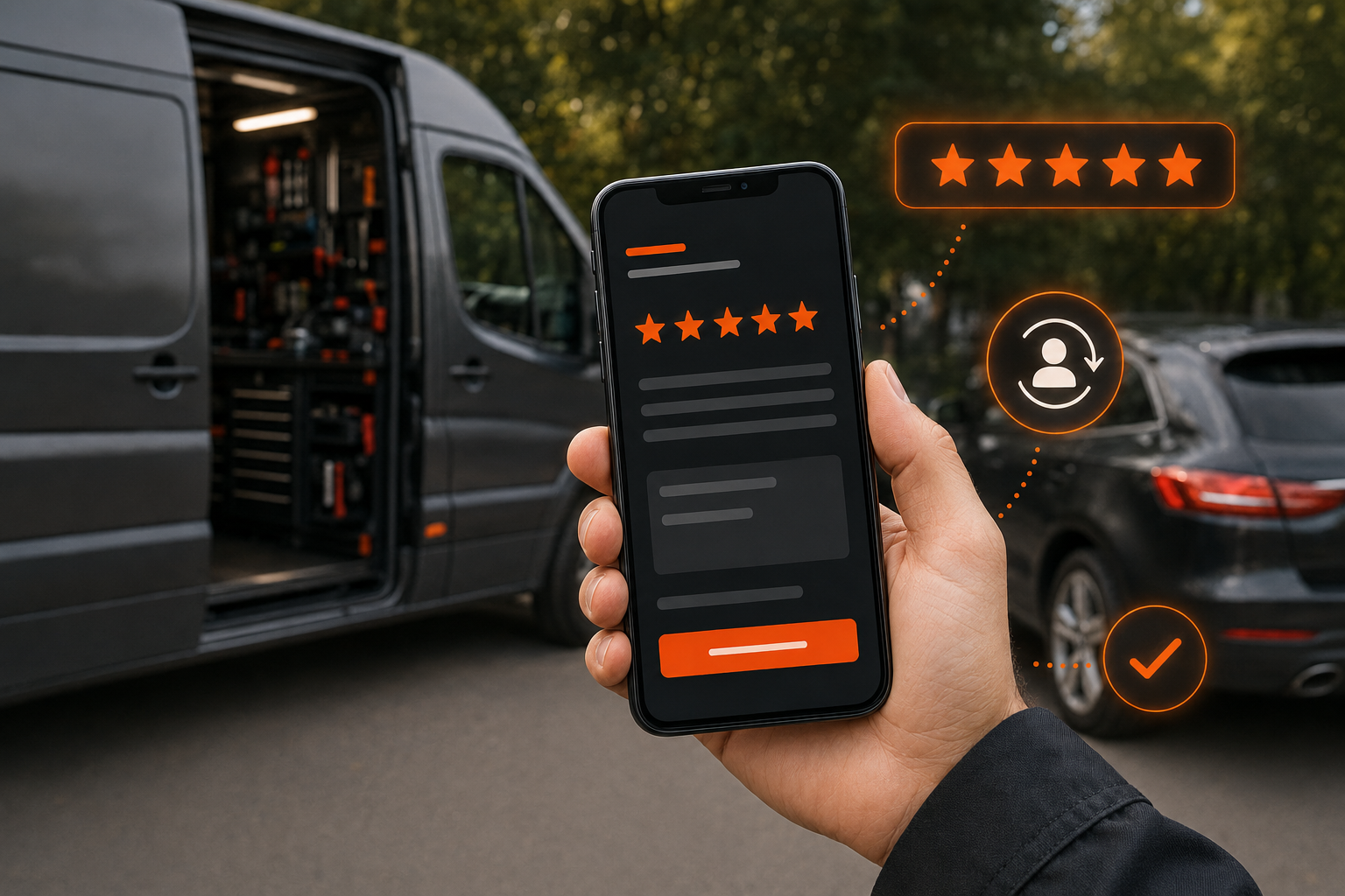 Hand holding a smartphone with star rating, beside a delivery van and car at dusk