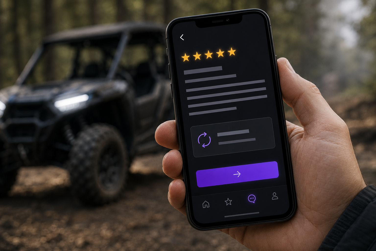 Hand holding a smartphone with a star rating app, parked off-road vehicle blurred in the background