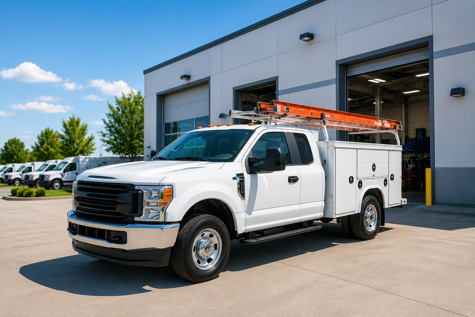 White utility pickup truck with ladder rack parked outside a service garage