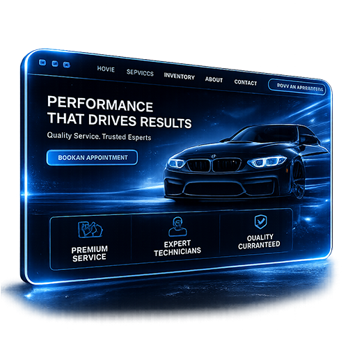 Blue car service website hero banner with a sleek car and text: “Performance that drives results.”