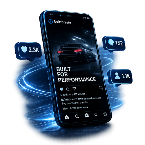 Smartphone displaying a dark car app with “Built for Performance” and floating like and user stats icons