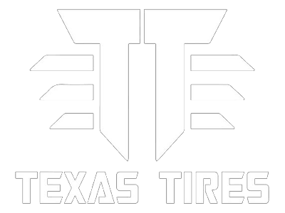 White outlined Texas Tires logo with stylized T emblem and text on a light background