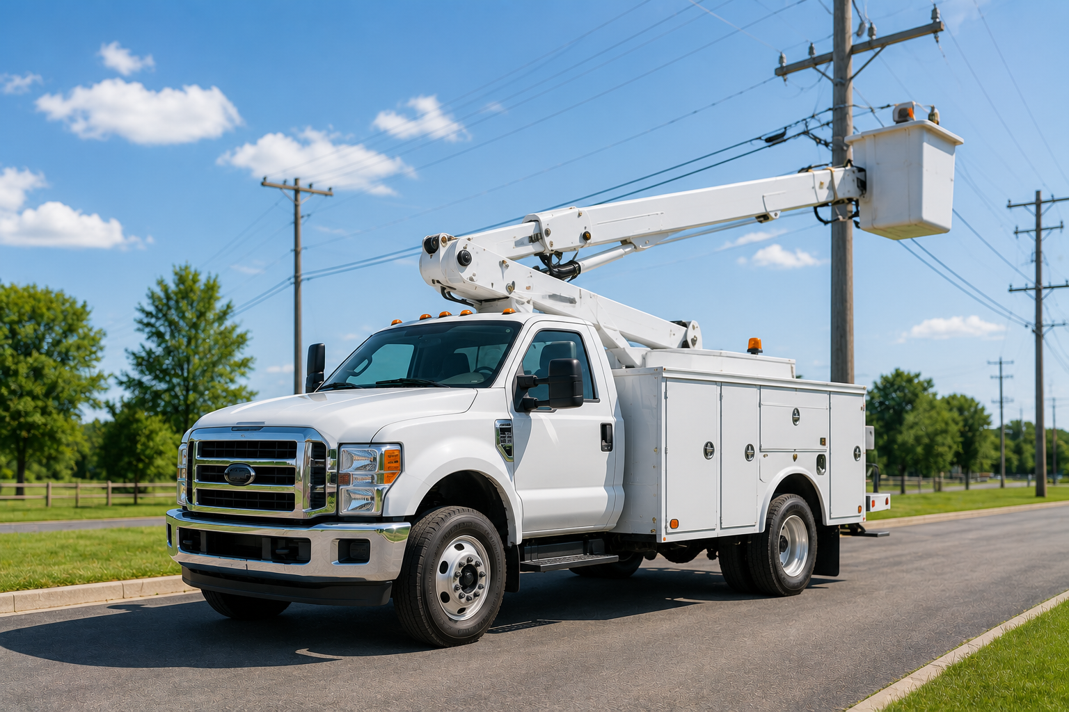 White utility truck with boom lift parked on a roadside near power lines