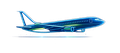 Blue passenger airplane in side view, flying upward on a white background