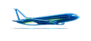 Blue passenger airplane in side view, flying with white motion streaks on a clean white background