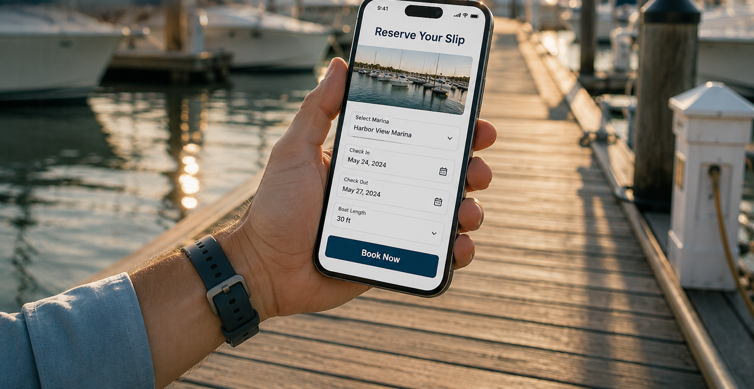 Hand holding a smartphone showing a restaurant menu on a dock beside water and boats