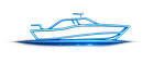 Blue line drawing of a sleek speedboat on white background