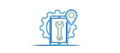 Blue line icon of a smartphone with a wrench inside a gear and location pin