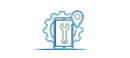 Blue line icon of a smartphone with a wrench, gear, and location pin, suggesting mobile service or repair