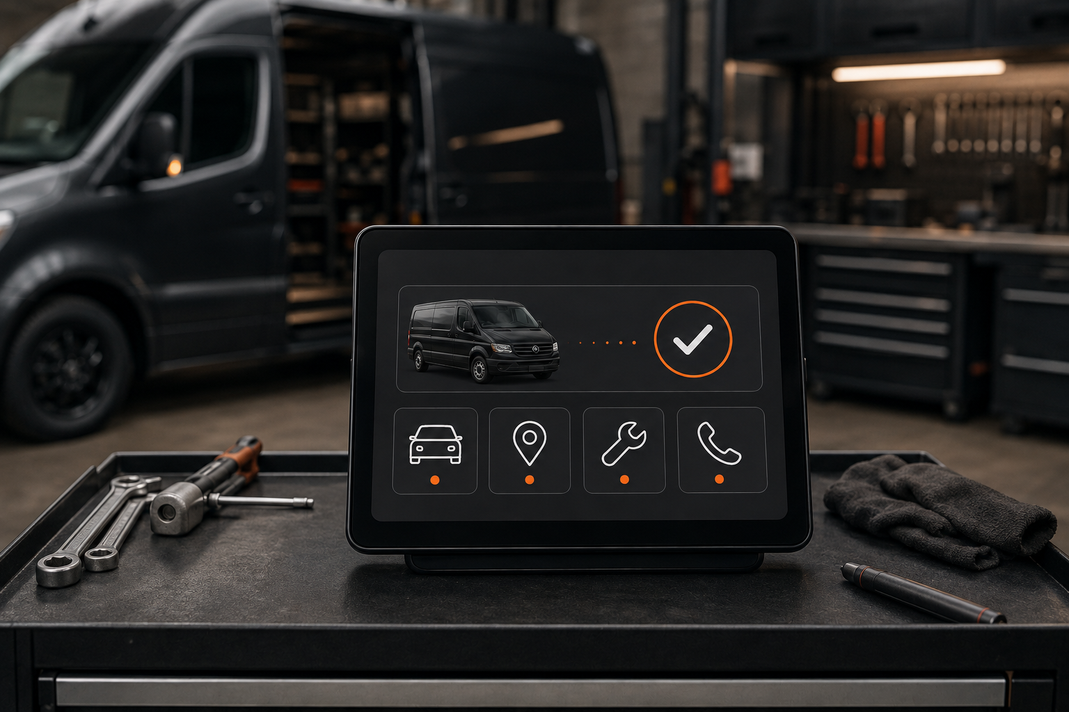 Tablet dashboard in a dark auto workshop, showing a van and service icons on the screen.
