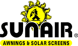 The sunair awnings and solar screens logo is yellow and black.