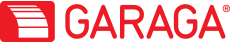 A red and white logo for garaga on a white background