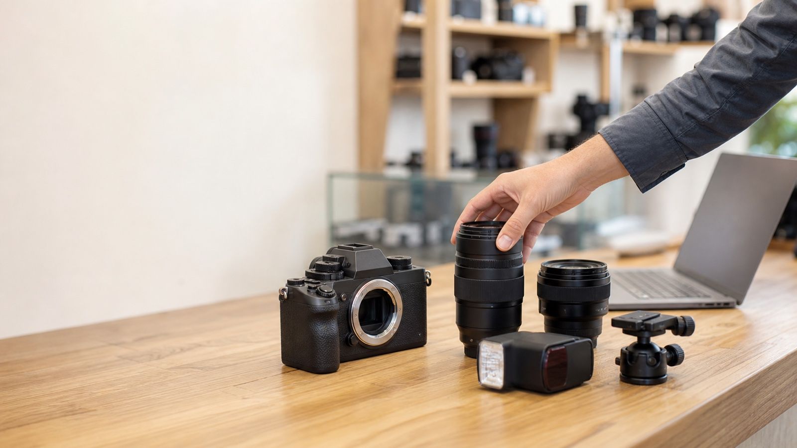 Camera rental gear arranged on a counter while a customer selects a lens