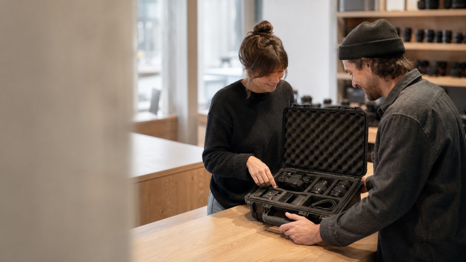 Customer and camera-store team member reviewing a rental kit