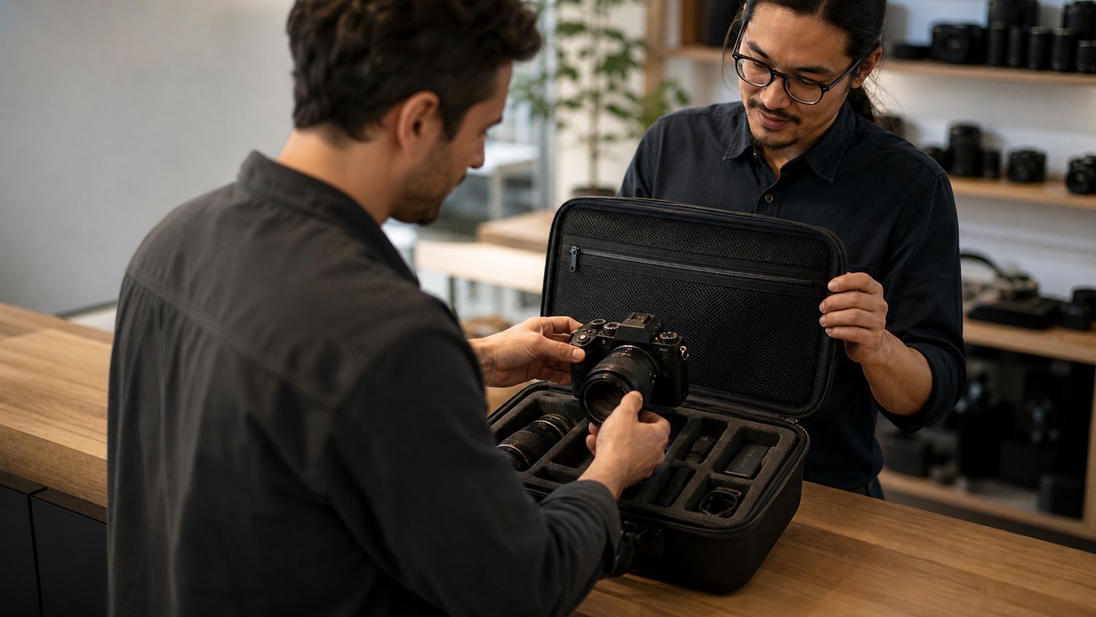 Customer returning a complete camera rental kit