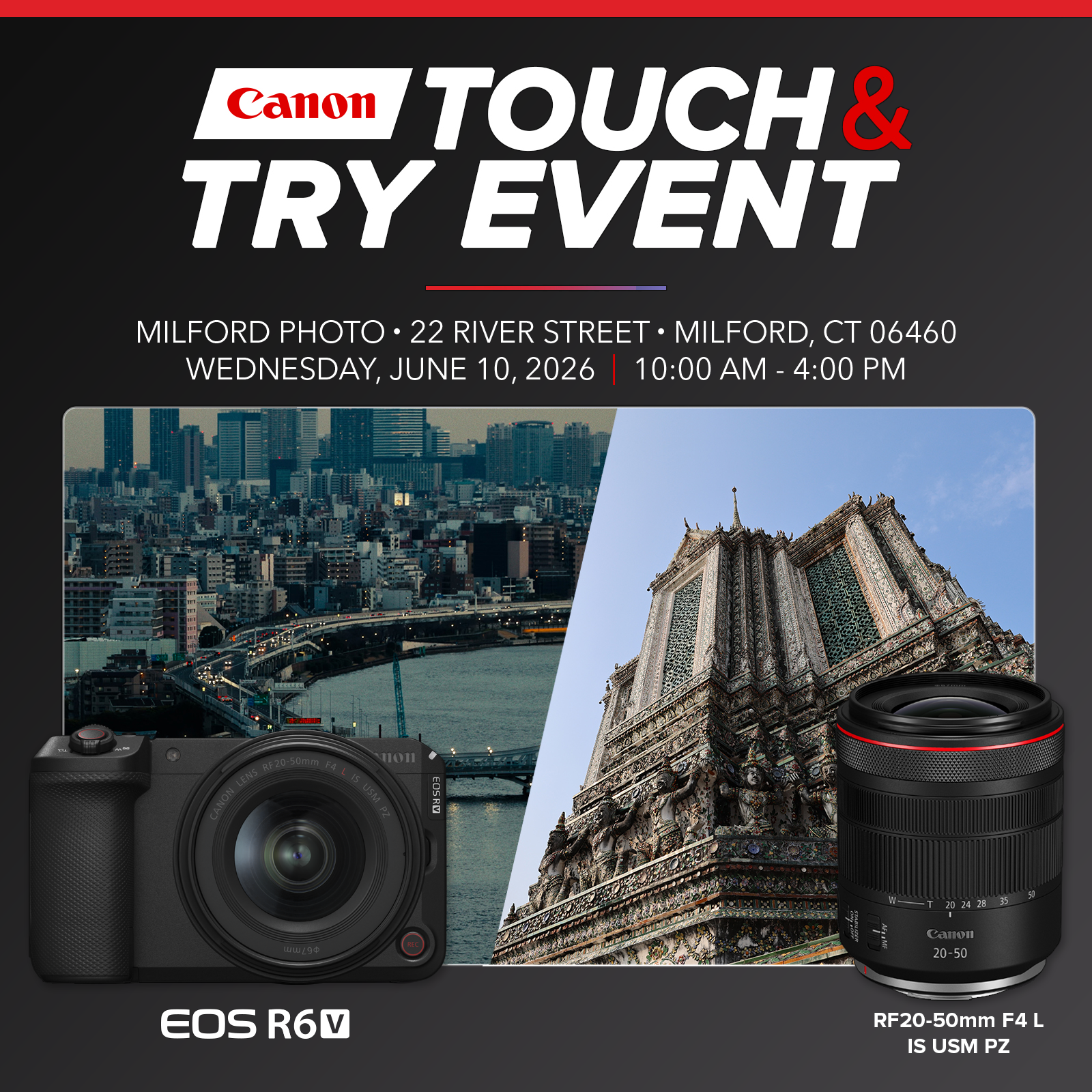 Be the first to see the NEW Canon EOS R6 V mirrorless camera and Canon RF20-50mm F4 L IS USM PZ lens.