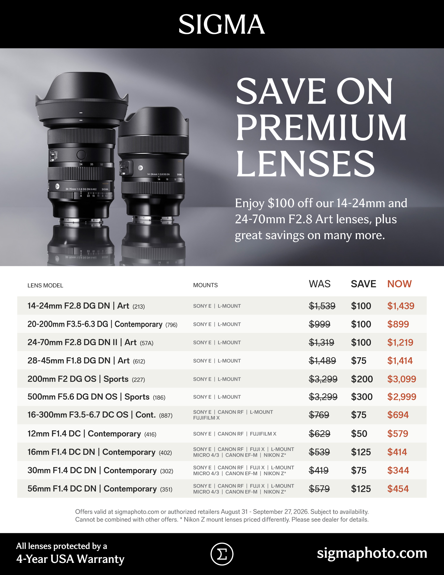 Save on SIGMA lenses at Milford Photo