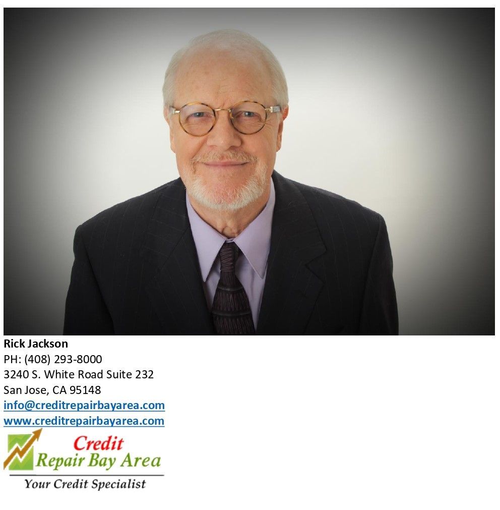 Rick Jackson, credit repair specialist. Older man with glasses, suit, and contact details below.