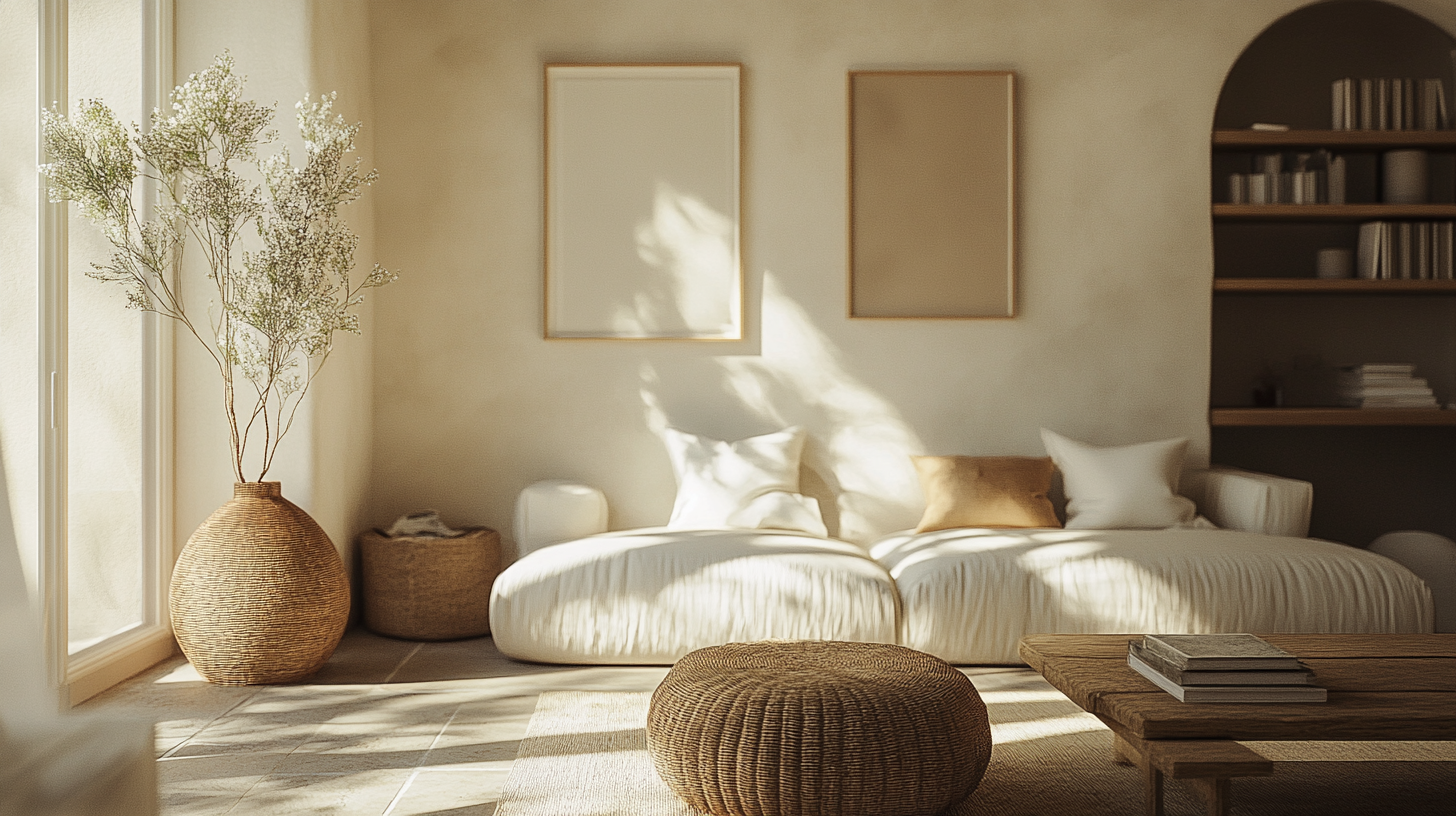 A living room with a couch , coffee table , wicker ottomans and a potted plant.