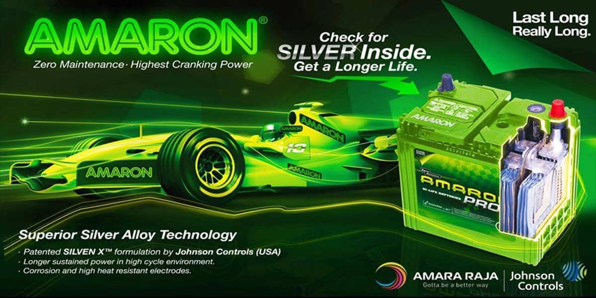 An Advertisement for Amaron Batteries Shows a Green Race Car on a Green Background