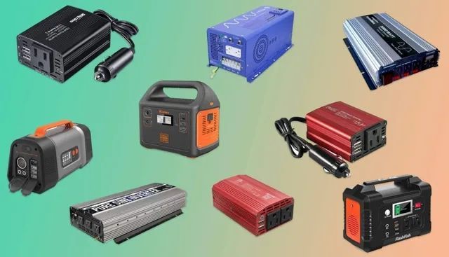 There Are Many Different Types of Power Inverters on a Green Background — Central Coast Batteries In Long Jetty, NSW